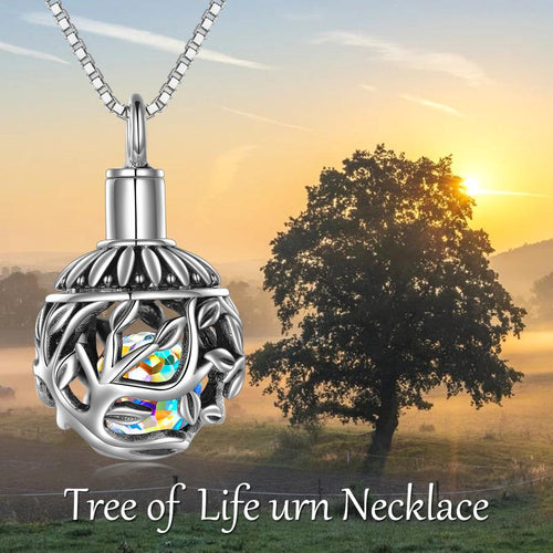 Sterling Silver Urn for Ashes Tree of Life With Aurora Borealis Crystal Keepsake Memorial Cremation Jewelry