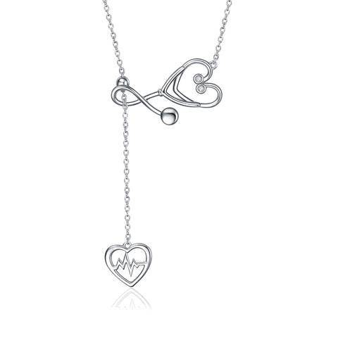Sterling Silver Stethoscope Jewelry Heartbeat EKG Lariat Y Necklace for Women Doctor Nurse Gift