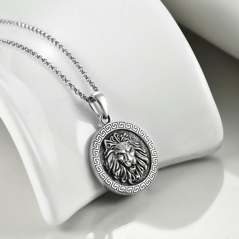 Lion Head Skull Pendant Chain Necklace Sterling Silver Double-Sided Jewelry