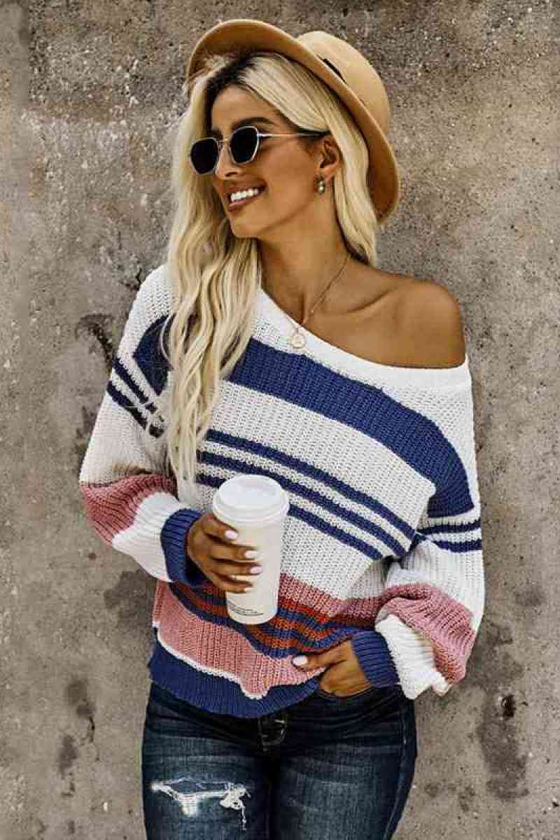 Color Block Drop Shoulder Sweater - Minihomy