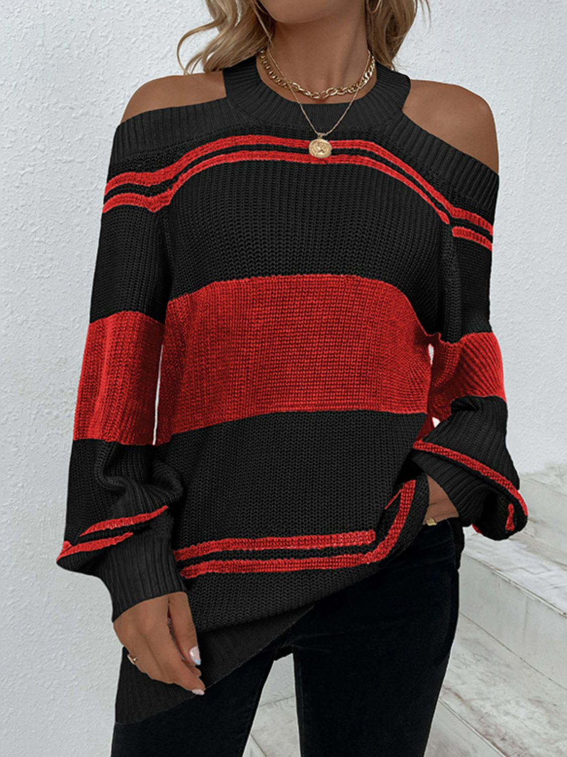 Striped Cutout Cold-Shoulder Tunic Sweater