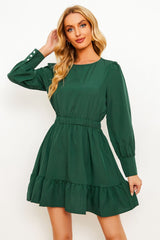 Round Neck Puff Sleeve Ruffle Hem Dress