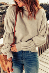 High Neck Bubble Sleeve Rib-Knit Sweater