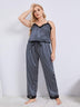 Plus Size Vertical Stripe Lace Trim Cami and Pants Pajama Set - Minihomy