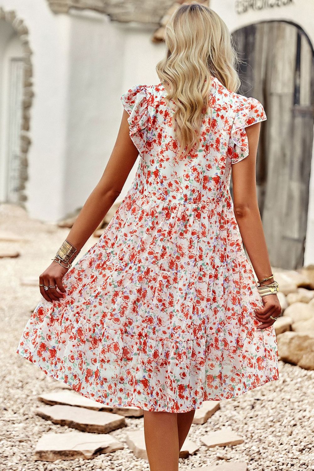 Floral Flutter Sleeve Notched Neck Tiered Dress - Minihomy