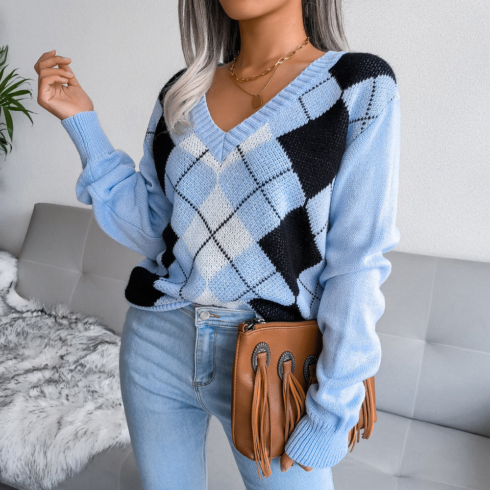 Argyle V-Neck Long Sleeve Sweater - Minihomy