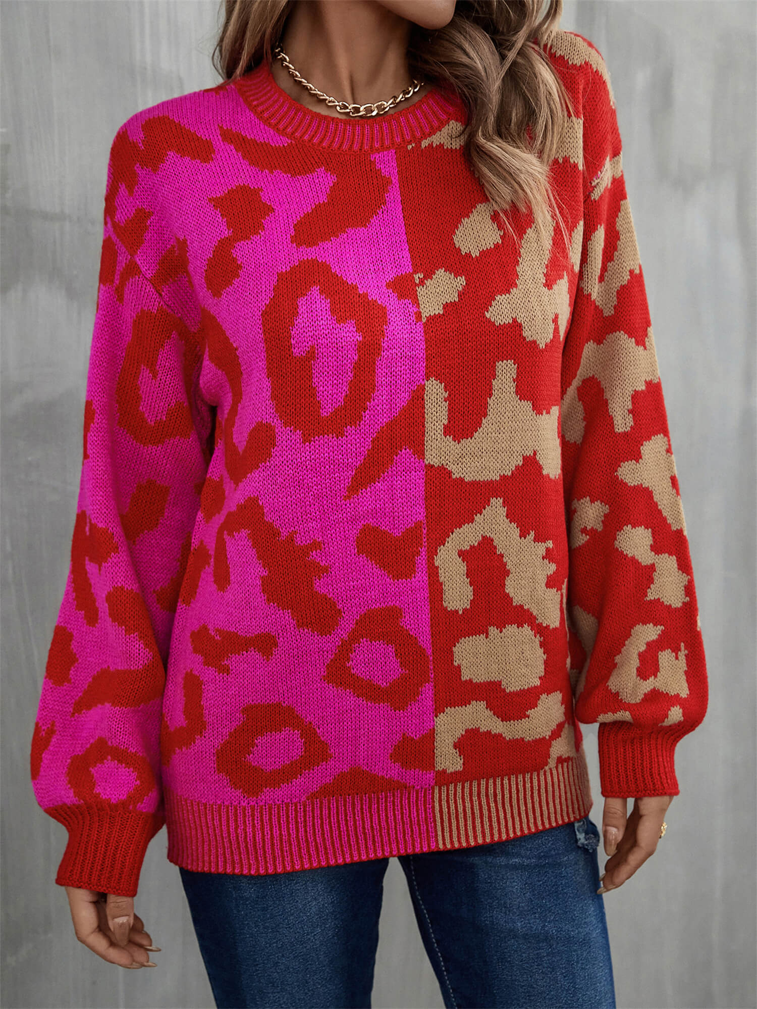 Cozy Weekends Leopard Ribbed Trim Dropped Shoulder Sweater