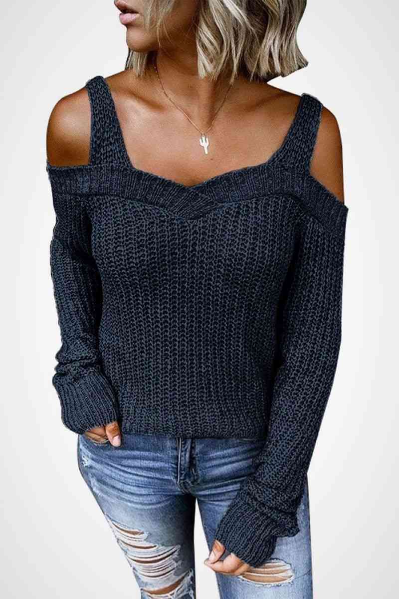 Long Sleeve Cold Shoulder Sweater - Minihomy