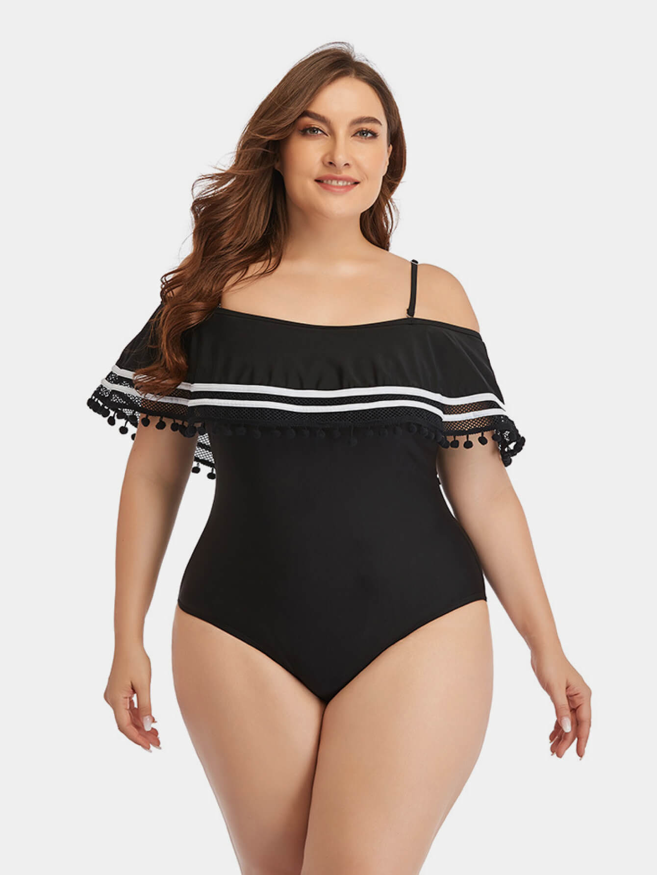 Plus Size Striped Cold-Shoulder One-Piece Swimsuit - Minihomy