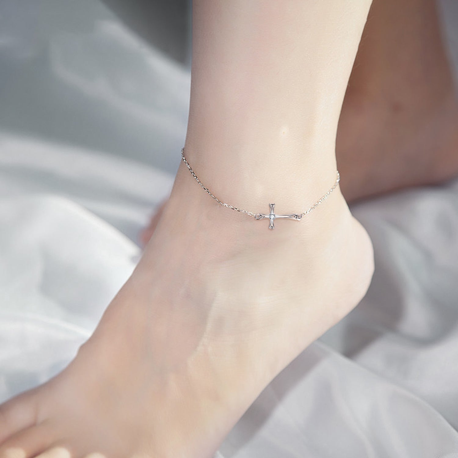 Sterling Silver Cross anklets Adjustable Chain Foot Ankle Bracelet Summer Jewelry
