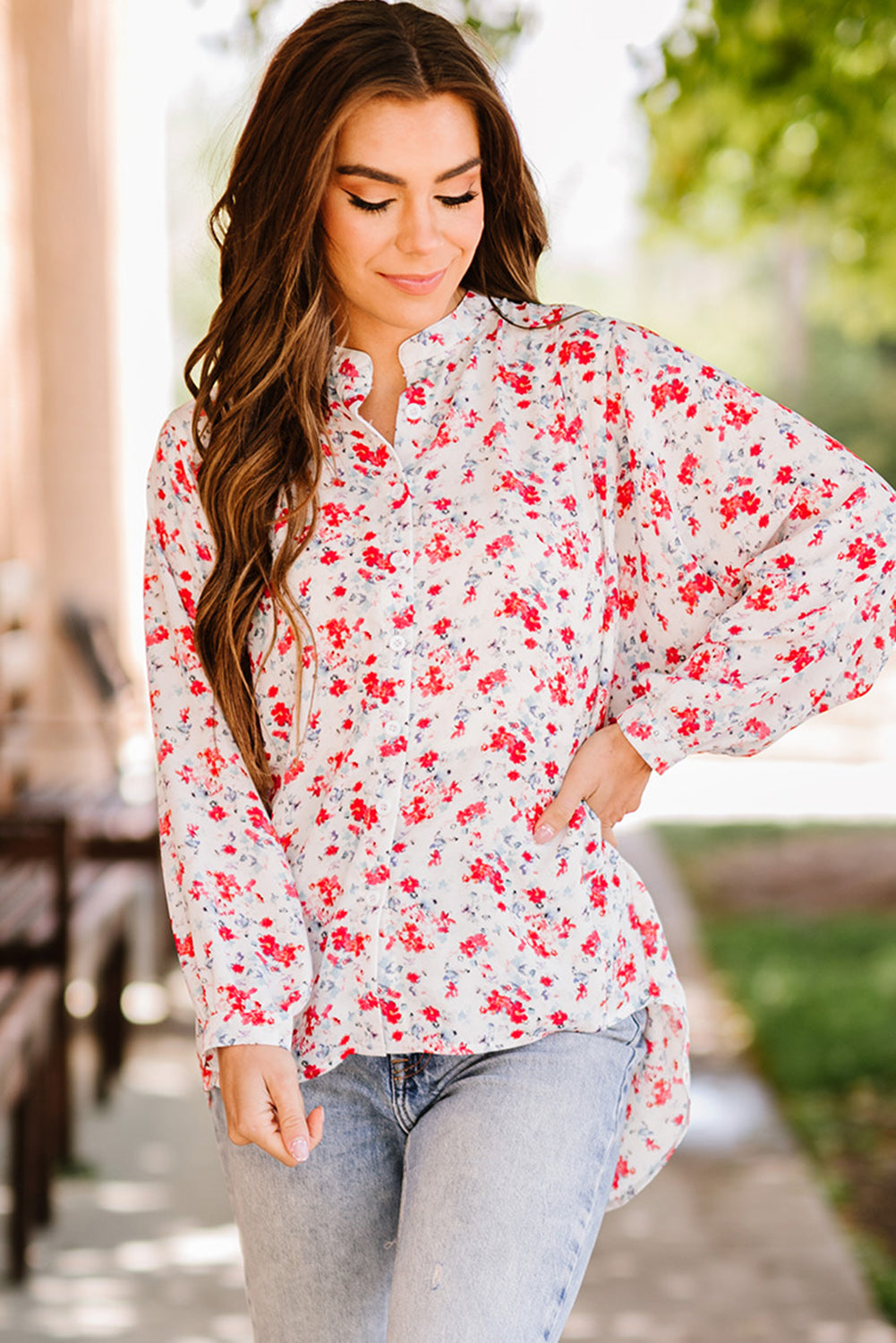 Floral Band Collar High-Low Blouse - Minihomy