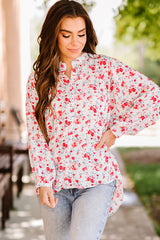 Floral Band Collar High-Low Blouse - Minihomy