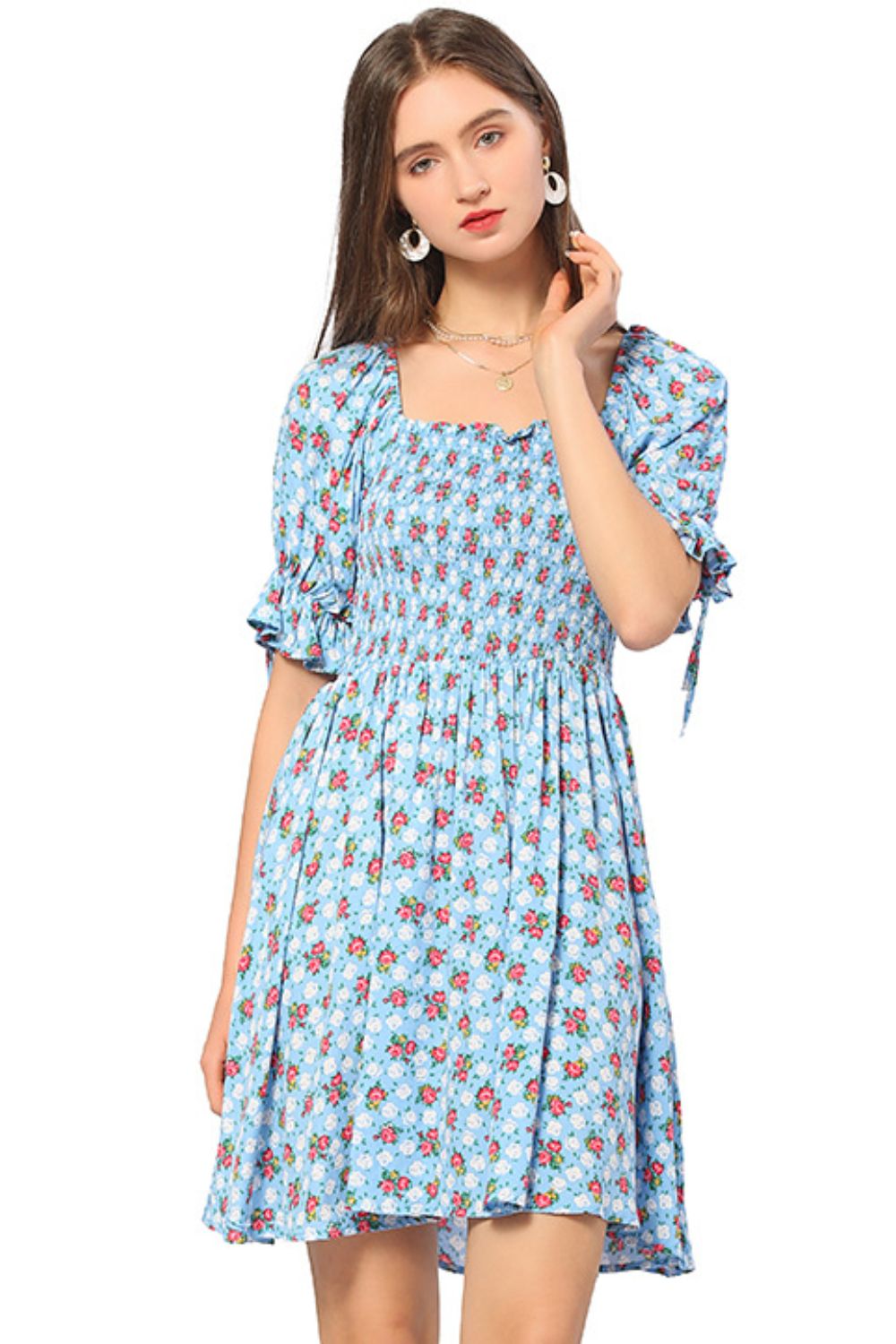 Floral Flounce Sleeve Square Neck Dress - Minihomy