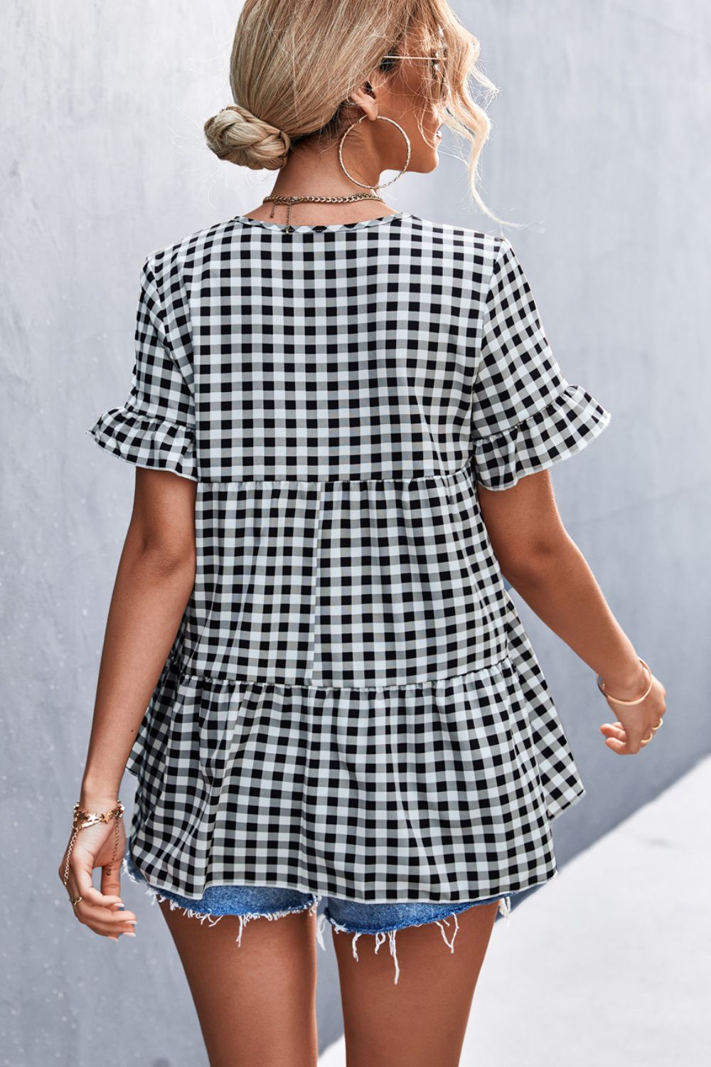 Gingham Flare Sleeve Babydoll Top - Minihomy