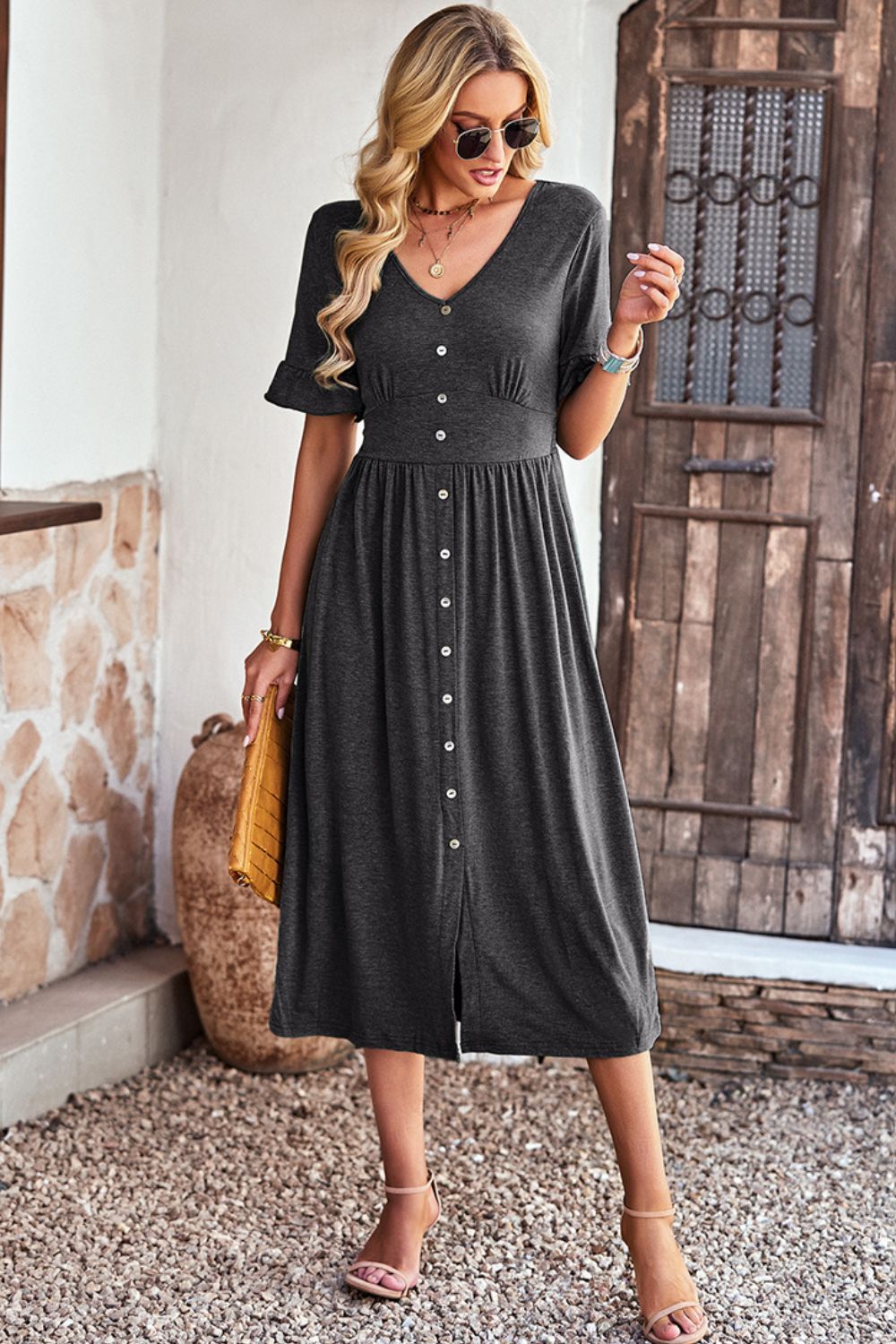 Gathered Detail Buttoned V-Neck Midi Dress - Minihomy