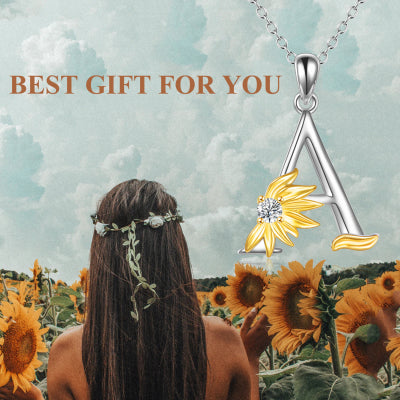 Sterling Silver Initial Alphabet Sunflower A Letter Script Name Pendant Necklace for Women Girls