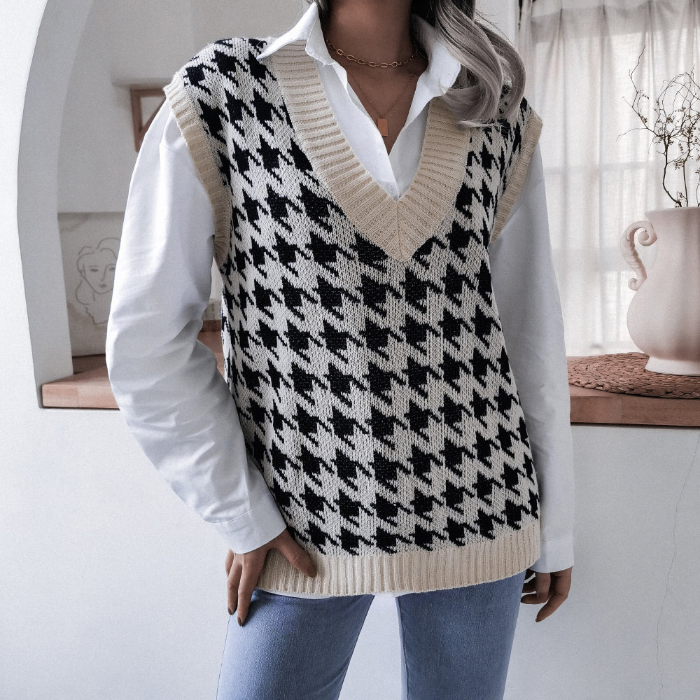 Houndstooth Ribbed Trim V-Neck Sweater Vest