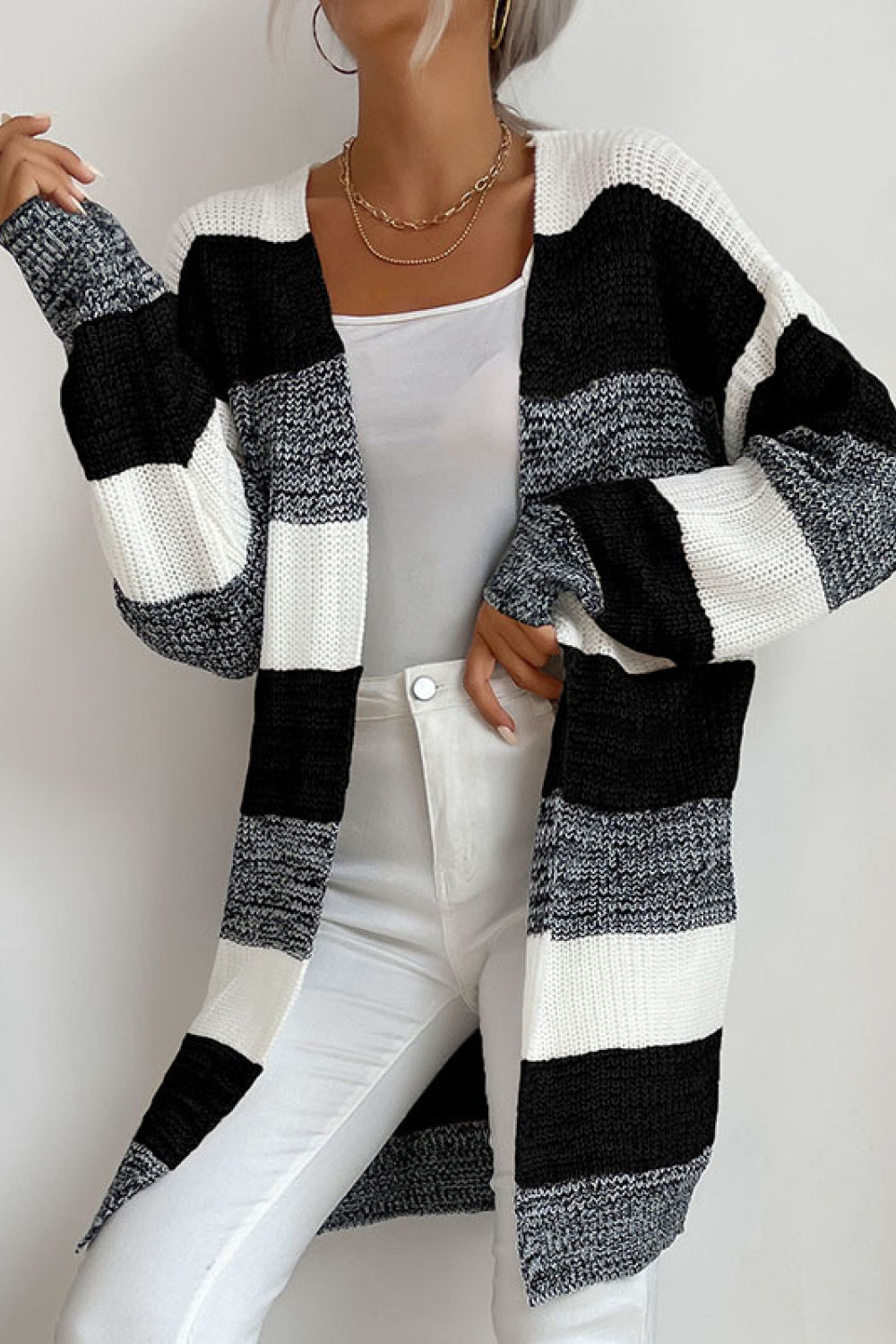 Striped Long Sleeve Duster Cardigan - Minihomy