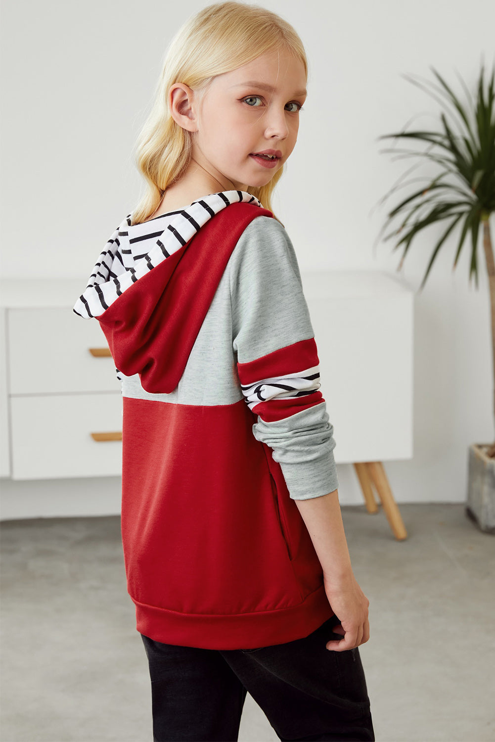 Girls Striped Color Block Hoodie