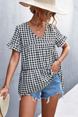 Gingham Flare Sleeve Babydoll Top - Minihomy