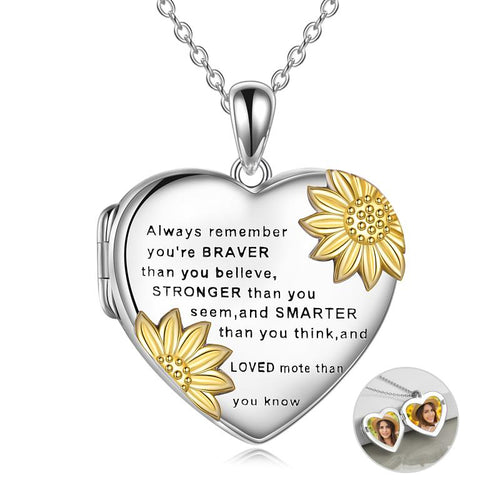 You are Braver Than You Believe Locket Necklace for Silver Sunflower Inspirational Jewelry Encouragement
