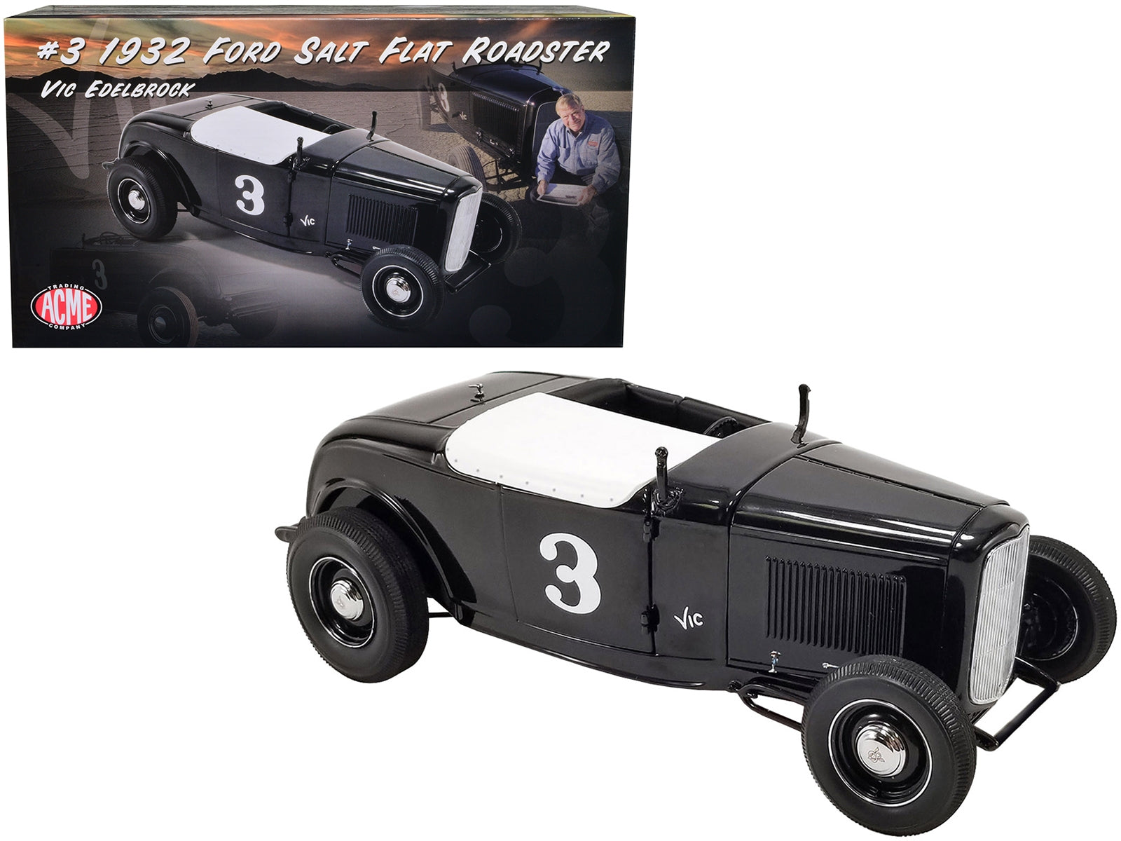 1932 Ford Salt Flat Roadster #3 Black "Vic Edelbrock" Limited Edition to 414 pieces Worldwide 1/18 Diecast Model Car by ACME - Minihomy