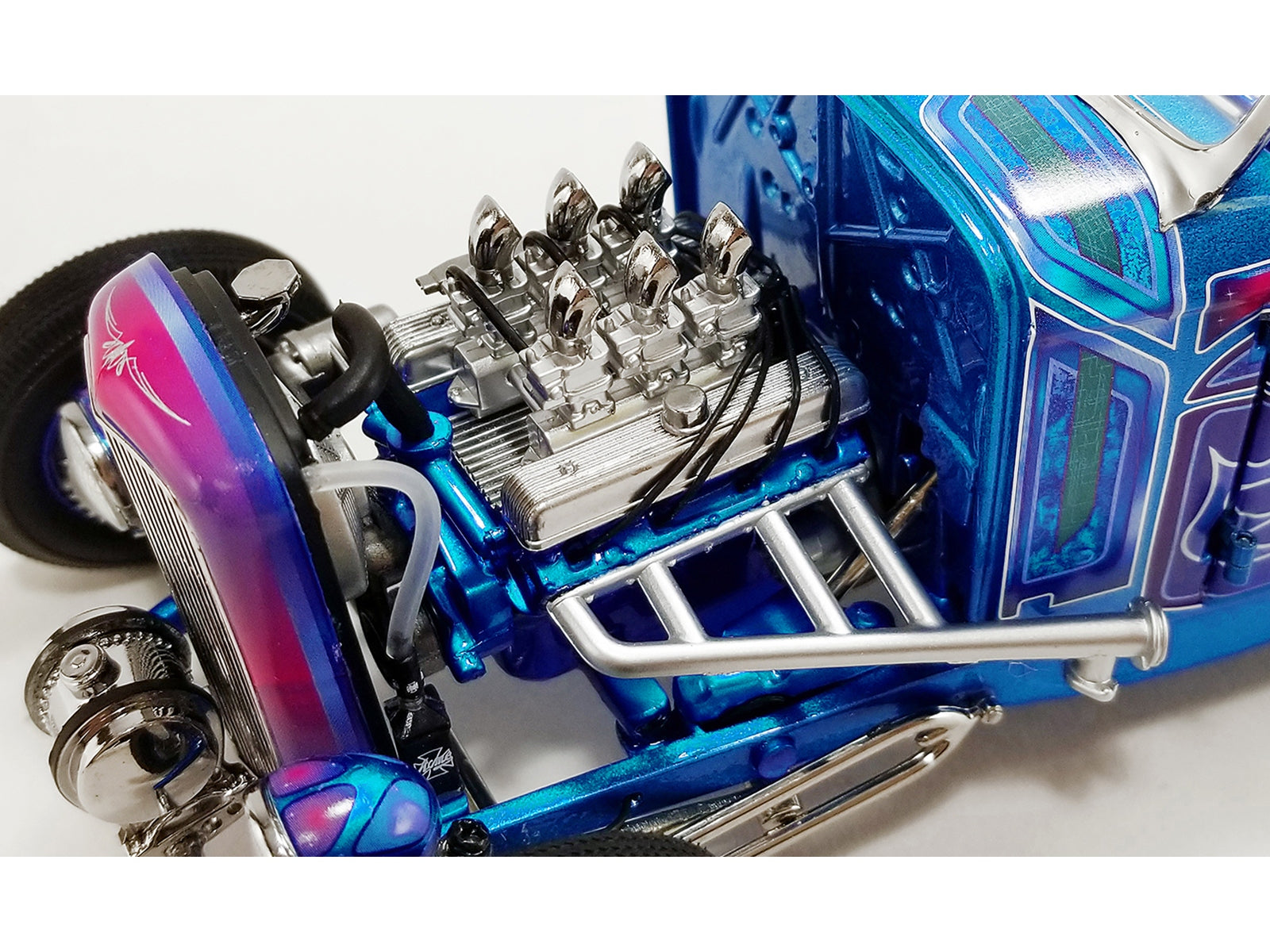 1932 Ford Roadster Hot Rod Blue Metallic with Flames and White Interior Limited Edition to 468 pieces Worldwide 1/18 Diecast Model Car by ACME - Minihomy