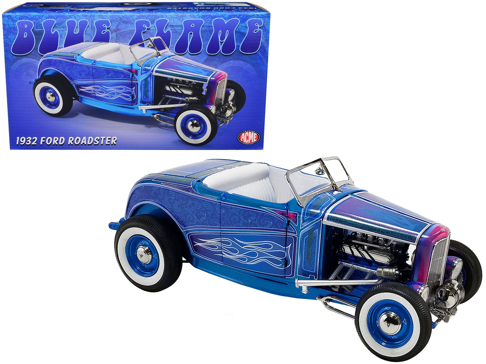 1932 Ford Roadster Hot Rod Blue Metallic with Flames and White Interior Limited Edition to 468 pieces Worldwide 1/18 Diecast Model Car by ACME - Minihomy