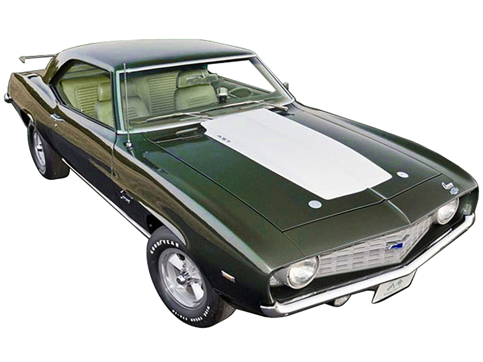 1969 Chevrolet Copo Camaro Dark Green Metallic with White Hood and Green Interior - Minihomy