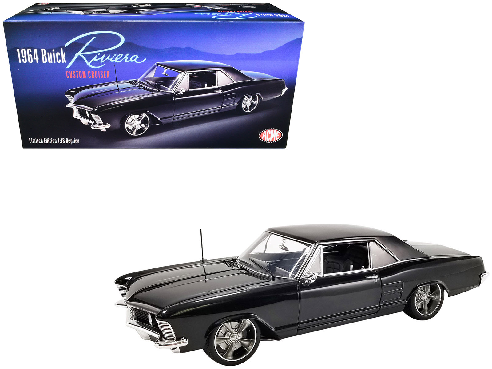 1964 Buick Riviera Custom Cruiser Black Limited Edition to 354 pieces Worldwide 1/18 Diecast Model Car by ACME - Minihomy