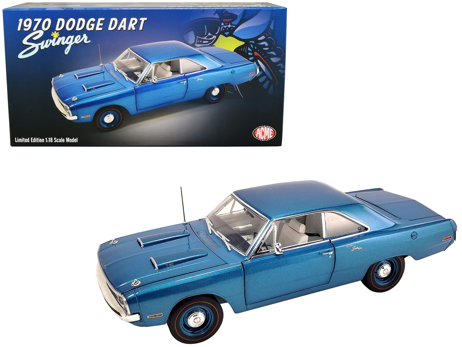 1970 Dodge Dart Swinger Blue Metallic with White Interior Limited Edition to 276 pieces Worldwide 1/18 Diecast Model Car by ACME - Minihomy