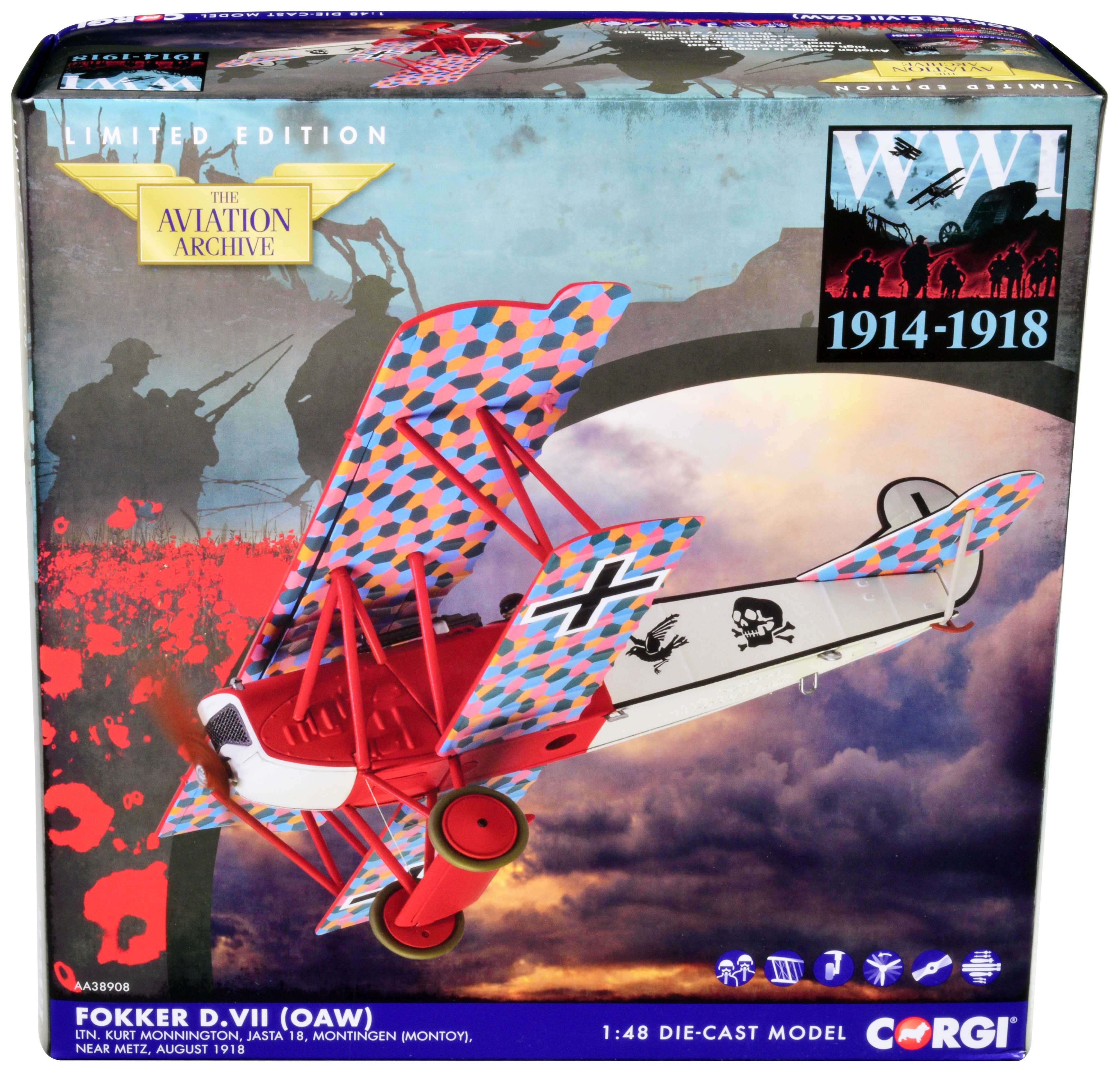 Fokker D.VII (OAW) Fighter Aircraft "Ltn. Kurt Monnington Jasta 18 Montingen" (August 1918) "The Aviation Archive" Series 1/48 Diecast Model by Corgi