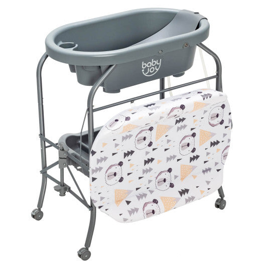 Portable Baby Changing Table with Storage Basket and Shelves-Gray - Color: Gray - Minihomy