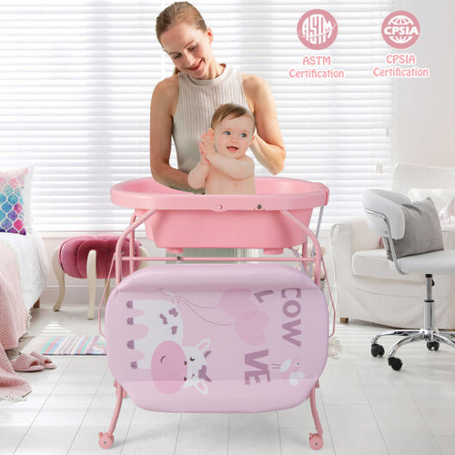 Folding Baby Changing Table with Bathtub and 4 Universal Wheels-Pink - Color: Pink