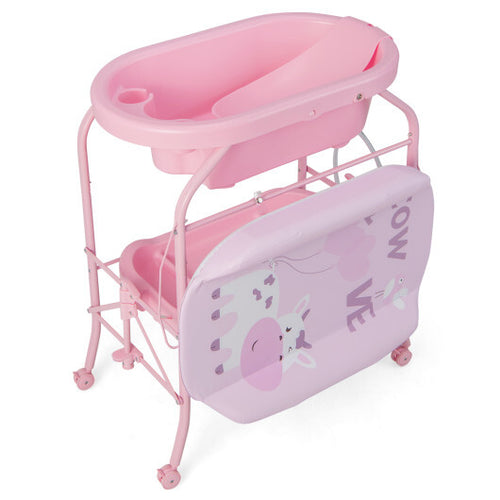 Folding Baby Changing Table with Bathtub and 4 Universal Wheels-Pink - Color: Pink