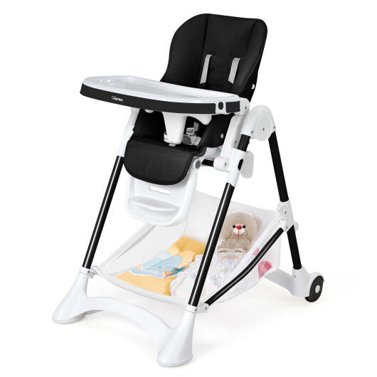 Baby Convertible Folding Adjustable High Chair with Wheel Tray Storage Basket-Black - Color: Black