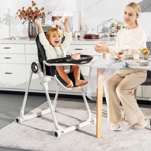Baby High Chair Foldable Feeding Chair with 4 Lockable Wheels-Black - Color: Black