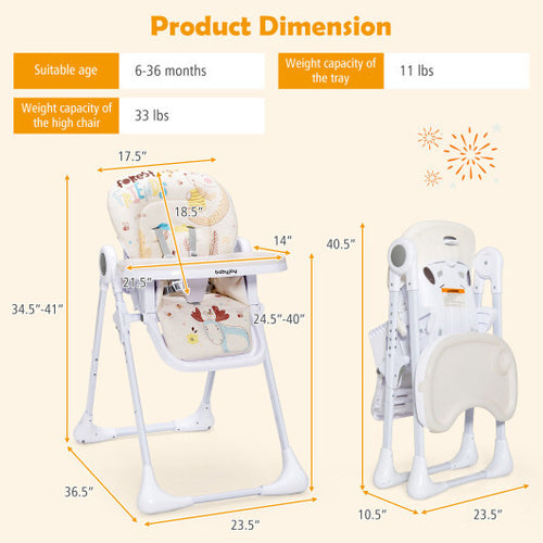 Baby High Chair Folding Feeding Chair with Multiple Recline and Height Positions-Beige - Color: Beige
