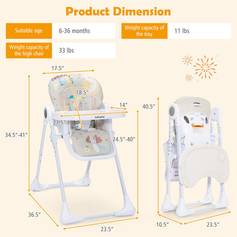 Baby High Chair Folding Feeding Chair with Multiple Recline and Height Positions-Gray - Color: Gray