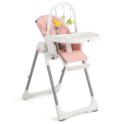 4-in-1 Foldable Baby High Chair with 7 Adjustable Heights and Free Toys Bar-Pink - Color: Pink