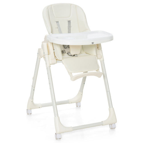 Folding High Chair with Height Adjustment and 360? Rotating Wheels - Color: Beige