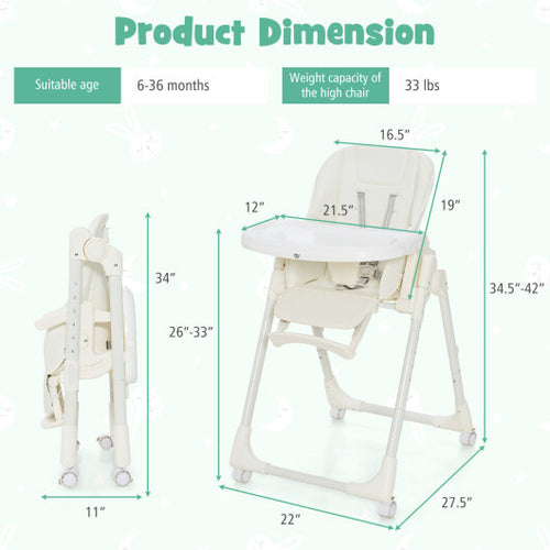 Folding High Chair with Height Adjustment and 360? Rotating Wheels - Color: Beige