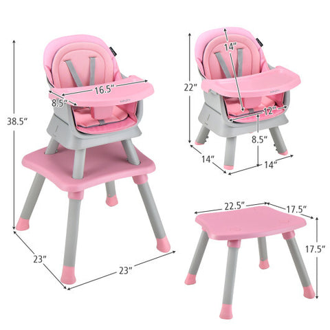6-in-1 Convertible Baby High Chair with Adjustable Removable Tray-Pink - Color: Pink