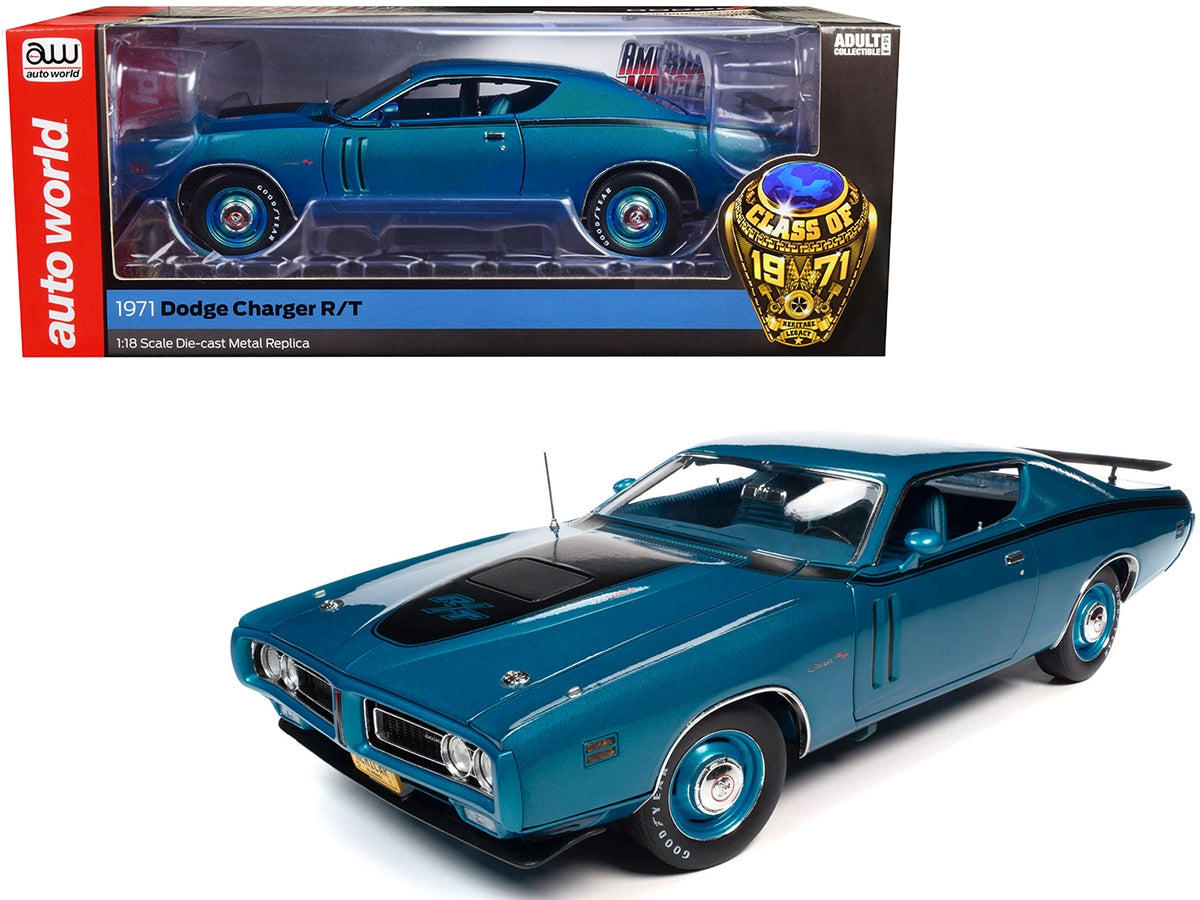 1971 Dodge Charger R/T 426 Hemi Blue Metallic with Black Stripes "Class of 1971" 1/18 Diecast Model Car by Auto World - Minihomy