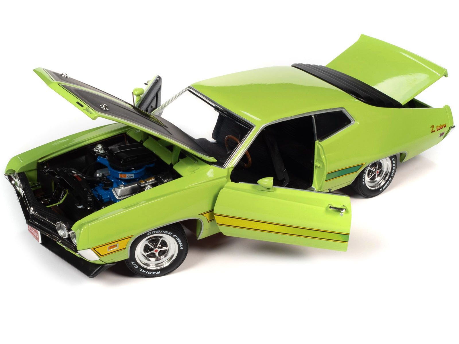 1971 Ford Torino Cobra Grabber Lime Green with Matt Black Hood and Stripes "Class of 1971" Series 1/18 Diecast Model Car by Auto World - Minihomy