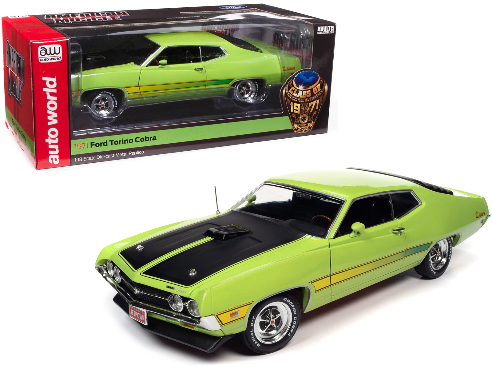 1971 Ford Torino Cobra Grabber Lime Green with Matt Black Hood and Stripes "Class of 1971" Series 1/18 Diecast Model Car by Auto World - Minihomy