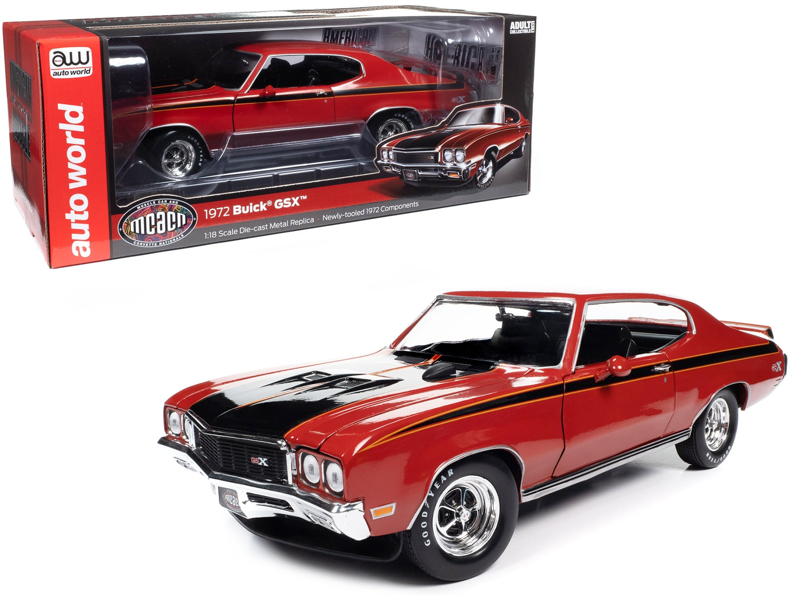 1972 Buick GSX Fire Red with Black Stripes "Muscle Car & Corvette Nationals" (MCACN) "American Muscle" Series 1/18 Diecast Model Car by Auto World - Minihomy