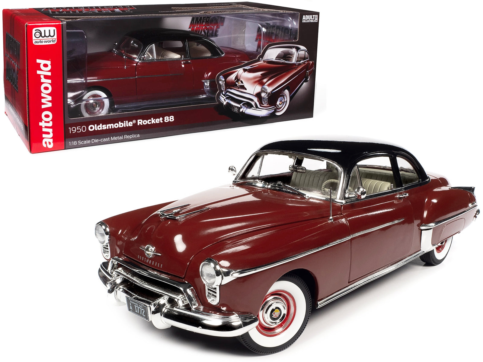 1950 Oldsmobile Rocket 88 Chariot Red with Black Top and Red and White Interior "American Muscle" Series 1/18 Diecast Model Car by Auto World - Minihomy