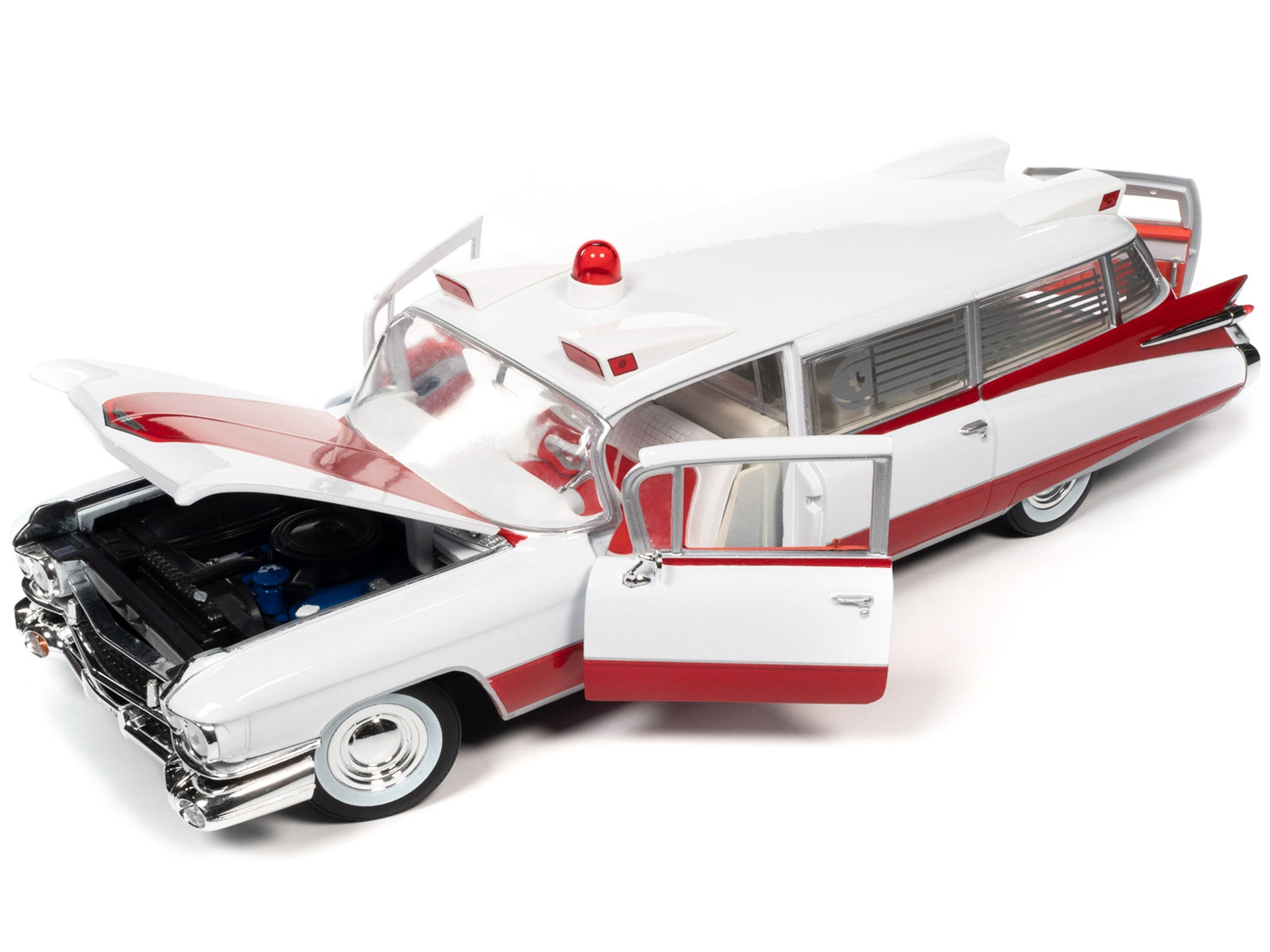 1959 Cadillac Eldorado Ambulance Red and White 1/18 Diecast Model by Auto World - Minihomy