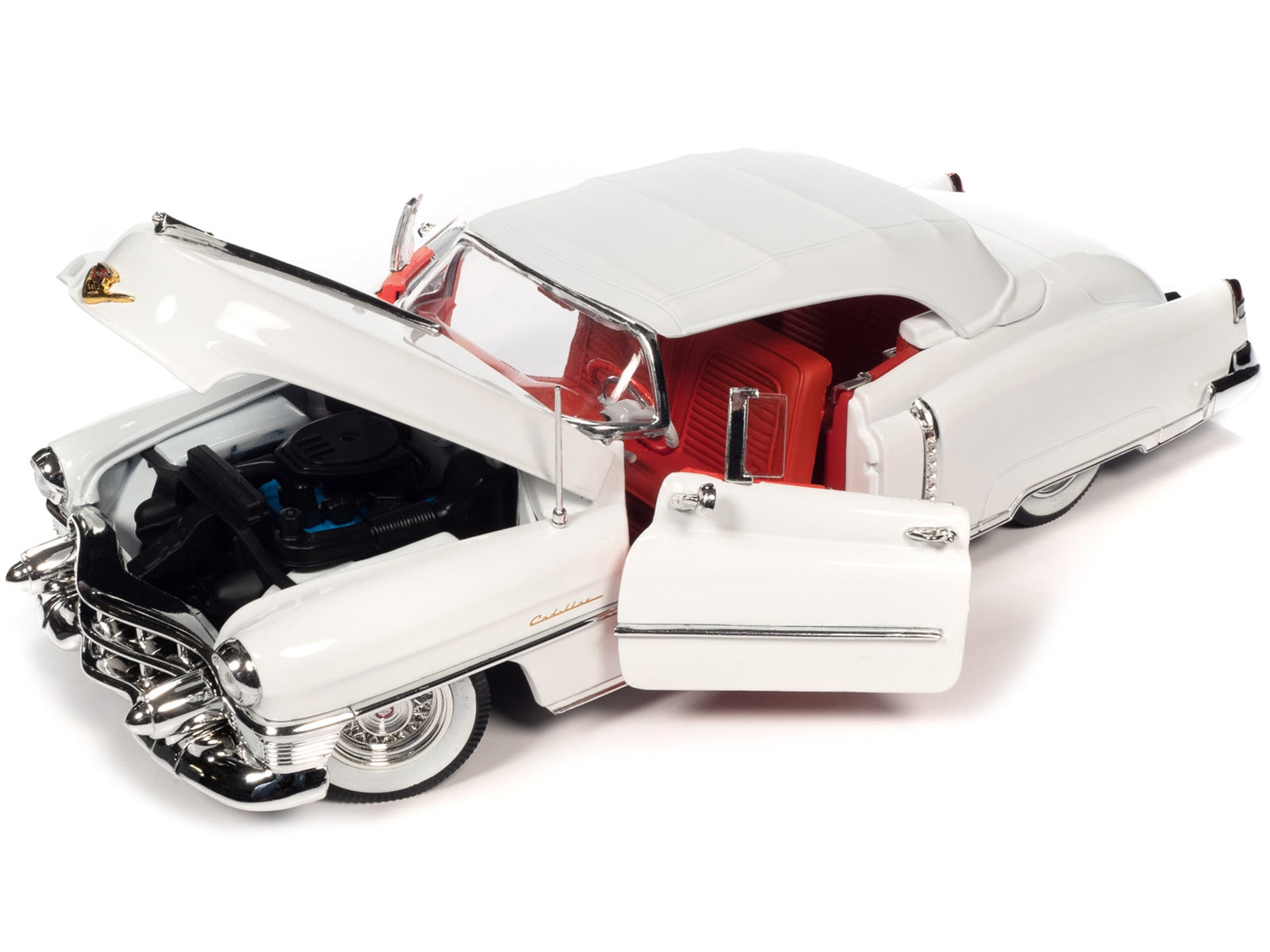 1953 Cadillac Eldorado Soft Top Alpine White with Red Interior 1/18 Diecast Model Car by Auto World - Minihomy